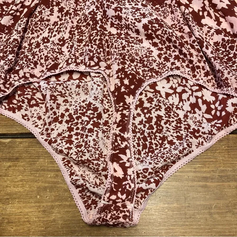 Free People Intimately Red Be Kind Bodysuit Size Medium Pink Floral Ties NWOT